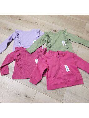 4 Infant Toddler Girls Long Sleeve Sz 12 Month Shirts Zip Up Hoodie Pink Purple